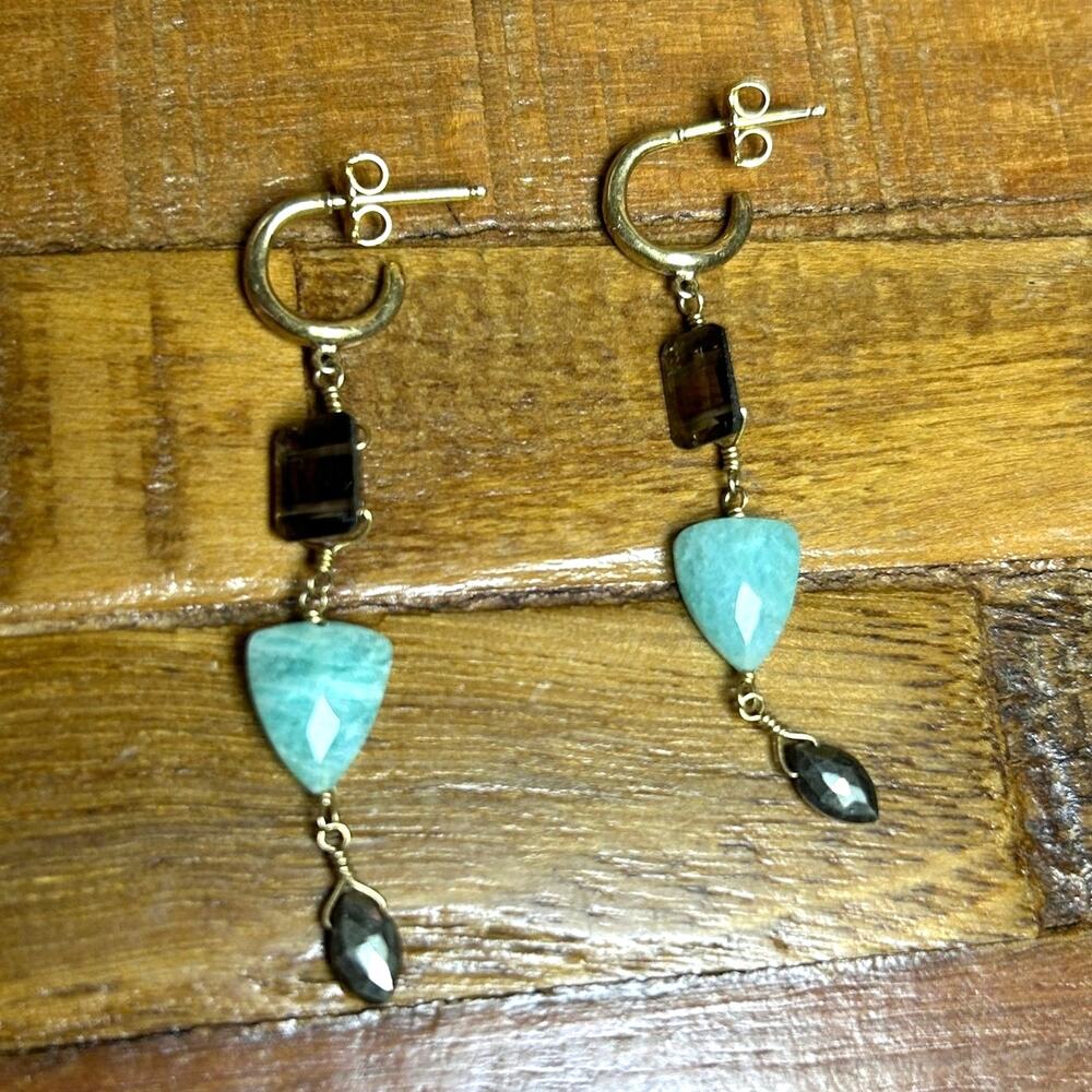 Gold Over Sterling Earrings w/ Amazonite, Smoky Quartz & Hematite